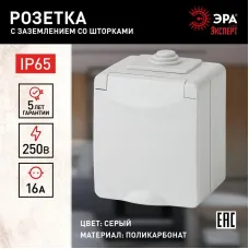 Розетка 1-м ОП Эра Эксперт 11-2602-03 16А IP65 250В 2P+E защ. шторки сер. Эра Б0035990