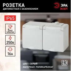 Розетка 2-м ОП Эра Эксперт 11-2603-03 16А IP65 горизонт. 250В 2х2P+E сер. Эра Б0035991