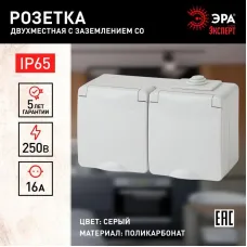 Розетка 2-м ОП Эра Эксперт 11-2604-03 16А IP65 горизонт. 250В 2х2P+E защ. шторки сер. Эра Б0035992