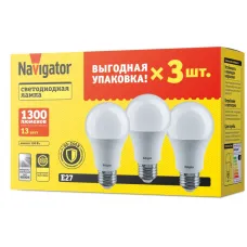 Лампа светодиодная 95 319 NLL-A60-13-230-4K-E27-PACK3 NAVIGATOR 95319