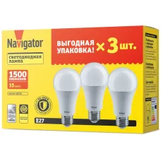 Лампа светодиодная 95 321 NLL-A60-15-230-4K-E27-PACK3 NAVIGATOR 95321