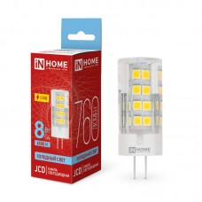 Лампа светодиодная LED-JCD 8Вт капсульная прозрачная 6500К холод. бел. G4 760лм 230В IN HOME 4690612036229