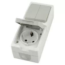 Блок: розетка 1-местная с/з + выключатель 2-клавишный STEKKER, PST16-21-54V/10-221-54, белый/серый