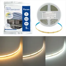 Светодиодная COB лента Feron LS530, 320SMD(2110)/м 10Вт/м 24V 5000*8*1.8мм 4000К IP20