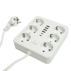 Удлинитель 6-местный c/з 3x1 мм2, 1,8 м, 250В, 10А, 4USB+2Type-C 2,4А, серия Home, белый STEKKER HM09-66-02