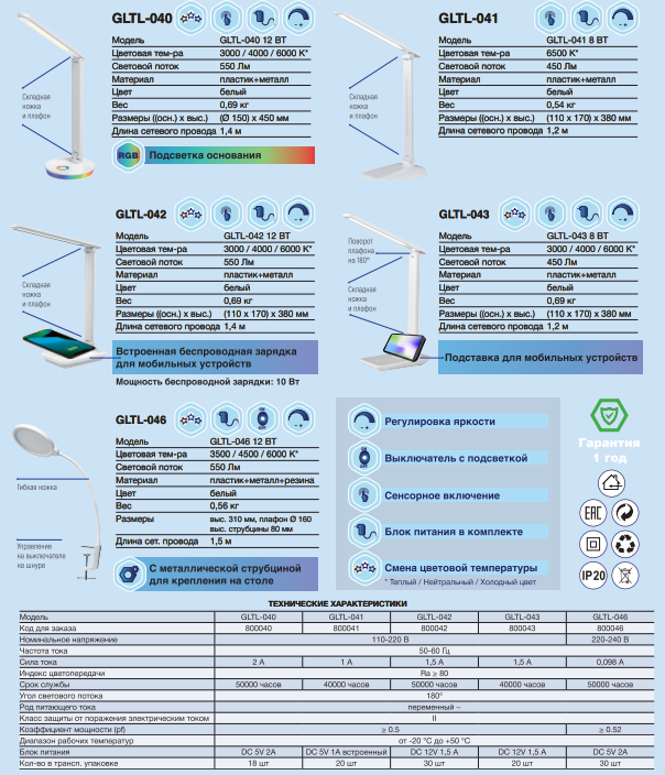 Настольные светильники GLTL-040, GLTL-041, GLTL-042, GLTL-043, GLTL-046  